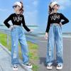 imageRolanko Girls Jeans Denim Elastic Wasit Wide Leg Baggy Pants Kids Clothes 414 YearsC5paint Hole
