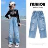 imageRolanko Girls Jeans Denim Elastic Wasit Wide Leg Baggy Pants Kids Clothes 414 YearsC5paint Hole