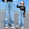 imageRolanko Girls Jeans Denim Elastic Wasit Wide Leg Baggy Pants Kids Clothes 414 YearsC5paint Hole