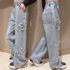 imageRolanko Girls Jeans Denim Elastic Wasit Wide Leg Baggy Pants Kids Clothes 414 YearsE1star