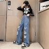 imageRolanko Girls Jeans Denim Elastic Wasit Wide Leg Baggy Pants Kids Clothes 414 YearsRippedhole
