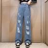 imageRolanko Girls Jeans Denim Elastic Wasit Wide Leg Baggy Pants Kids Clothes 414 YearsRippedhole