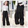 imageRolanko Wide Leg Girls Parachute Cargo Pants for Girls Butterfly Y2K Kids Cargo Jogger Trousers with Pockets Loose FitBlack