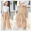 imageRolanko Wide Leg Girls Parachute Cargo Pants for Girls Butterfly Y2K Kids Cargo Jogger Trousers with Pockets Loose FitKhaki