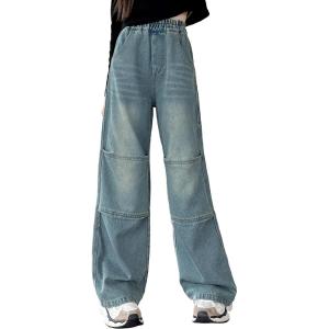 imageRolanko Girls Baggy Jeans Distressed Denim Pants Elastic Waist Wide Leg Jeans for Girls Kids Loose Fit 414 YearsKneestitching