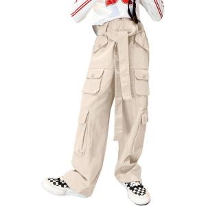imageRolanko Girls Cargo Pants Baggy Y2K Cargo Trousers Jeans Wide Leg Pants with Multi Pockets 415 YearsBeige