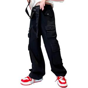imageRolanko Girls Cargo Pants Baggy Y2K Cargo Trousers Jeans Wide Leg Pants with Multi Pockets 415 YearsBlack
