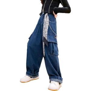 imageRolanko Girls Cargo Pants Baggy Y2K Cargo Trousers Jeans Wide Leg Pants with Multi Pockets 415 YearsBlue