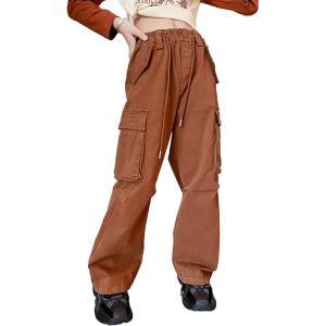 imageRolanko Girls Cargo Pants Baggy Y2K Cargo Trousers Jeans Wide Leg Pants with Multi Pockets 415 YearsBrown