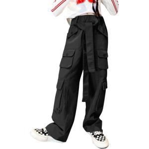 imageRolanko Girls Cargo Pants Baggy Y2K Cargo Trousers Jeans Wide Leg Pants with Multi Pockets 415 YearsDarkgrey