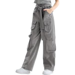 imageRolanko Girls Cargo Pants Baggy Y2K Cargo Trousers Jeans Wide Leg Pants with Multi Pockets 415 YearsGrey