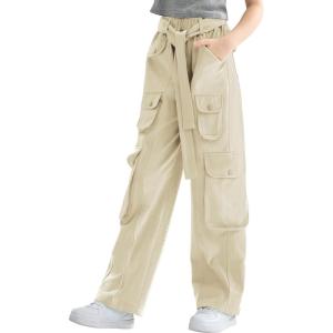 imageRolanko Girls Cargo Pants Baggy Y2K Cargo Trousers Jeans Wide Leg Pants with Multi Pockets 415 YearsKhaki
