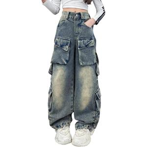 imageRolanko Girls Cargo Pants Baggy Y2K Cargo Trousers Jeans Wide Leg Pants with Multi Pockets 415 YearsMultipockets
