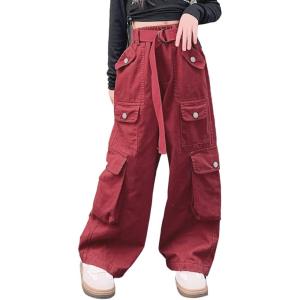 imageRolanko Girls Cargo Pants Baggy Y2K Cargo Trousers Jeans Wide Leg Pants with Multi Pockets 415 YearsRed