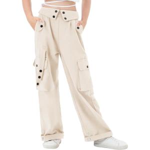 imageRolanko Girls Cargo Pants Wide Leg Loose Cargo Trousers with Pockets Streetwear Kids Pants 415 YearsApricot