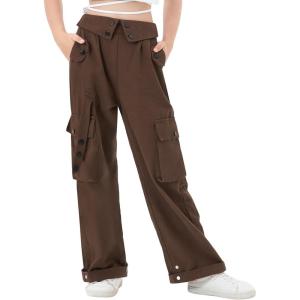 imageRolanko Girls Cargo Pants Wide Leg Loose Cargo Trousers with Pockets Streetwear Kids Pants 415 YearsCoffee
