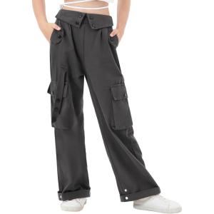 imageRolanko Girls Cargo Pants Wide Leg Loose Cargo Trousers with Pockets Streetwear Kids Pants 415 YearsDark Grey
