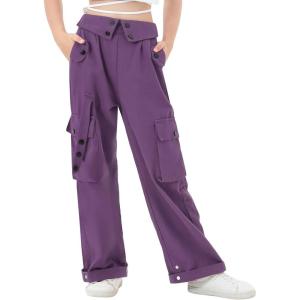 imageRolanko Girls Cargo Pants Wide Leg Loose Cargo Trousers with Pockets Streetwear Kids Pants 415 YearsDarkpurple