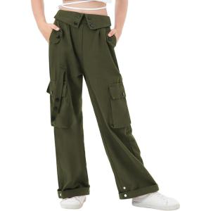 imageRolanko Girls Cargo Pants Wide Leg Loose Cargo Trousers with Pockets Streetwear Kids Pants 415 YearsGreen