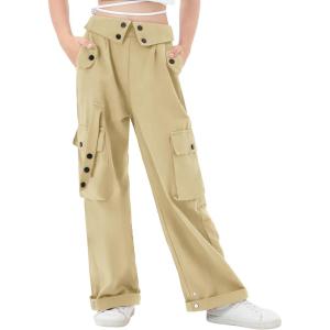 imageRolanko Girls Cargo Pants Wide Leg Loose Cargo Trousers with Pockets Streetwear Kids Pants 415 YearsKhaki
