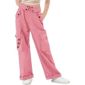 imageRolanko Girls Cargo Pants Wide Leg Loose Cargo Trousers with Pockets Streetwear Kids Pants 415 YearsPink