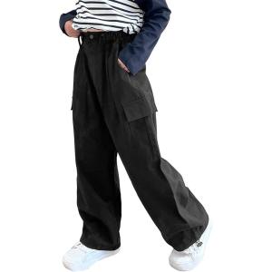 imageRolanko Girls Cargo Pants Wide Leg Streetwear Kids Pants with Pockets Trendy Jogger Trousers 414 YearsBlack