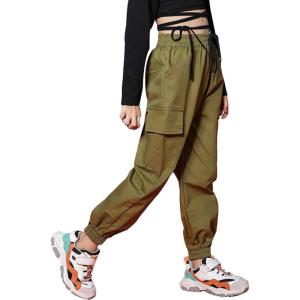 imageRolanko Girls Cargo Pants for Kids Loose Streetwear Hip Hop Dance Cotton Cargo Jogger Pants for Kids 415 YearsArmy Green