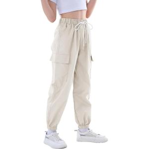 imageRolanko Girls Cargo Pants for Kids Loose Streetwear Hip Hop Dance Cotton Cargo Jogger Pants for Kids 415 YearsBeige
