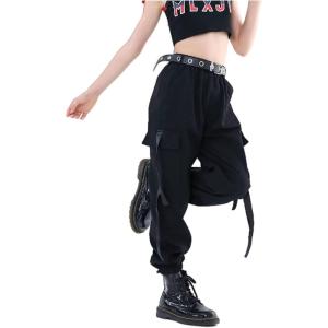 imageRolanko Girls Cargo Pants for Kids Loose Streetwear Hip Hop Dance Cotton Cargo Jogger Pants for Kids 415 YearsBlack