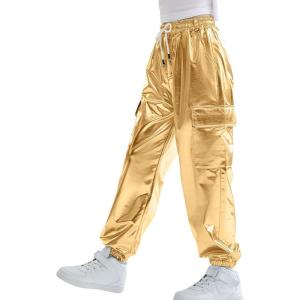 imageRolanko Girls Cargo Pants for Kids Loose Streetwear Hip Hop Dance Cotton Cargo Jogger Pants for Kids 415 YearsGolden