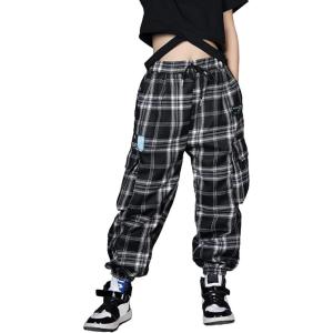 imageRolanko Girls Cargo Pants for Kids Loose Streetwear Hip Hop Dance Cotton Cargo Jogger Pants for Kids 415 YearsH2black Plaid