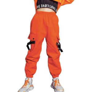 imageRolanko Girls Cargo Pants for Kids Loose Streetwear Hip Hop Dance Cotton Cargo Jogger Pants for Kids 415 YearsOrange