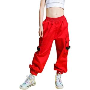 imageRolanko Girls Cargo Pants for Kids Loose Streetwear Hip Hop Dance Cotton Cargo Jogger Pants for Kids 415 YearsRed