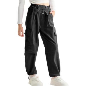 imageRolanko Girls Corduroy Cargo Pants Wide Leg Cargo Trousers Streetwear Kids Pants Joggers with Pockets 415 YBlack