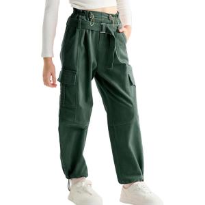 imageRolanko Girls Corduroy Cargo Pants Wide Leg Cargo Trousers Streetwear Kids Pants Joggers with Pockets 415 YGreen