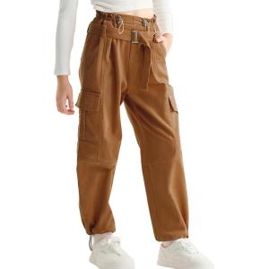 imageRolanko Girls Corduroy Cargo Pants Wide Leg Cargo Trousers Streetwear Kids Pants Joggers with Pockets 415 YKhaki
