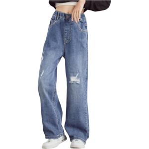 imageRolanko Girls Jeans Denim Elastic Wasit Wide Leg Baggy Pants Kids Clothes 414 YearsA2blue Hole