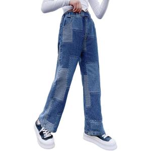imageRolanko Girls Jeans Denim Elastic Wasit Wide Leg Baggy Pants Kids Clothes 414 YearsA4blue Patchw