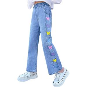 imageRolanko Girls Jeans Denim Elastic Wasit Wide Leg Baggy Pants Kids Clothes 414 YearsB7colorful Butterfly