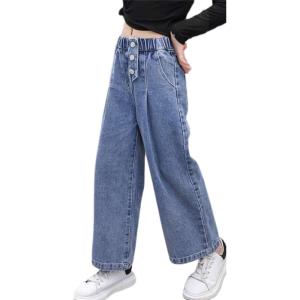 imageRolanko Girls Jeans Denim Elastic Wasit Wide Leg Baggy Pants Kids Clothes 414 YearsBluethreebutton