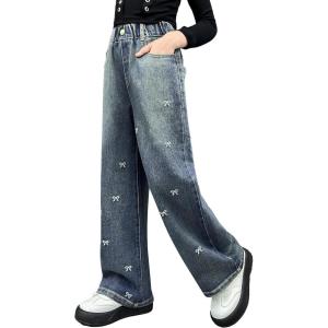 imageRolanko Girls Jeans Denim Elastic Wasit Wide Leg Baggy Pants Kids Clothes 414 YearsBow