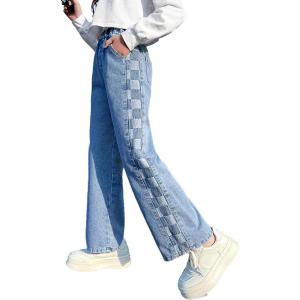 imageRolanko Girls Jeans Denim Elastic Wasit Wide Leg Baggy Pants Kids Clothes 414 YearsC2checkerboard