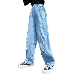 imageRolanko Girls Jeans Denim Elastic Wasit Wide Leg Baggy Pants Kids Clothes 414 YearsC5paint Hole