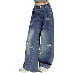 imageRolanko Girls Jeans Denim Elastic Wasit Wide Leg Baggy Pants Kids Clothes 414 YearsDiamondbutterfly