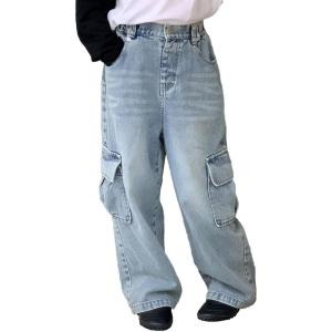 imageRolanko Girls Jeans Denim Elastic Wasit Wide Leg Baggy Pants Kids Clothes 414 YearsF1cargopockets