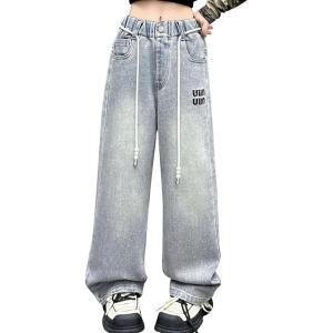 imageRolanko Girls Jeans Denim Elastic Wasit Wide Leg Baggy Pants Kids Clothes 414 YearsG3rhinestone