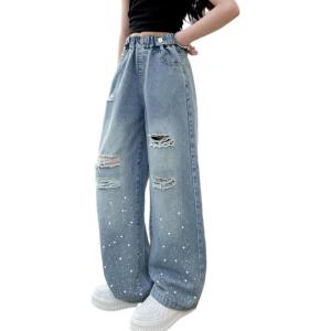 imageRolanko Girls Jeans Denim Elastic Wasit Wide Leg Baggy Pants Kids Clothes 414 YearsGlitterhole