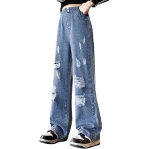 imageRolanko Girls Jeans Denim Elastic Wasit Wide Leg Baggy Pants Kids Clothes 414 YearsRippedhole
