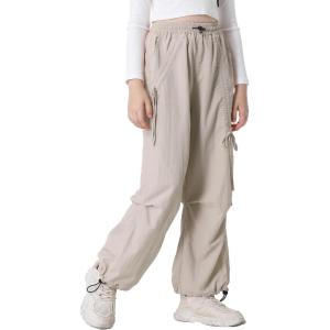 imageRolanko Wide Leg Girls Parachute Cargo Pants for Girls Butterfly Y2K Kids Cargo Jogger Trousers with Pockets Loose FitBeige