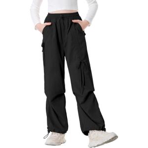 imageRolanko Wide Leg Girls Parachute Cargo Pants for Girls Butterfly Y2K Kids Cargo Jogger Trousers with Pockets Loose FitBlack